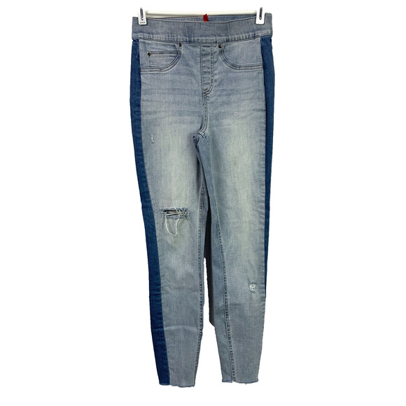 Spanx Side Stripe Skinny Pull On Light Blue Wash Jeans Size Small 20234R - Picture 1 of 11